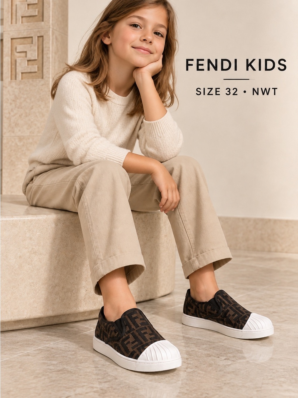 Fendi Kids Brown and White Logo Slip-On Sneakers
